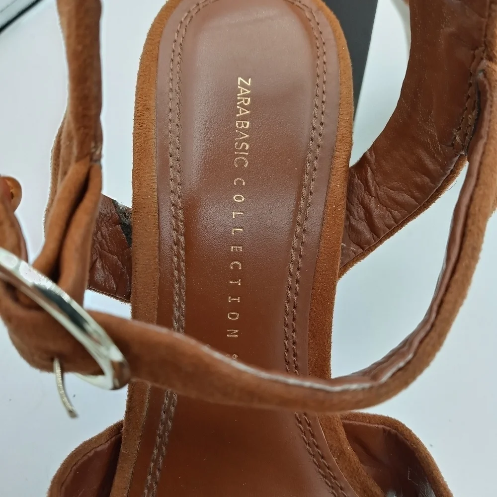 Zara Basic Collection Strappy Wood Platform Heels w/ Ankle Buckle Strap